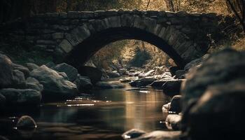 pietra arco ponte al di sopra di tranquillo acqua nel autunno foresta paesaggio generato di ai foto