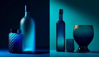 blu bicchiere bottiglia detiene alcool liquido, riflettendo buio sfondo silhouette generato di ai foto