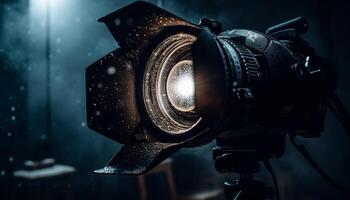 fotografo utilizzando vecchio stile telecamera con illuminato sfondo per vicino su tiro generato di ai foto