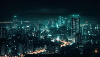 raggiante grattacieli illuminare il moderno città orizzonte a crepuscolo generato di ai foto