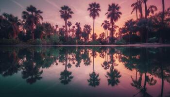 tranquillo scena di tropicale tramonto, palma albero riflessione nel acqua generato di ai foto