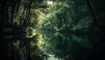 tranquillo rurale scena con verde le foglie e riflessione nel stagno generato di ai foto