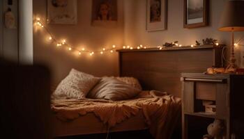 accogliente rustico Camera da letto con moderno illuminazione, confortevole biancheria da letto, e legna arredamento generato di ai foto