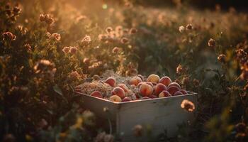 succoso frutta cestino, maturo per raccolta nel il frutteto prato generato di ai foto