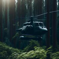 militare elicottero volante al di sopra di un' verde foresta o giungla. generativo ai, ai generativo foto