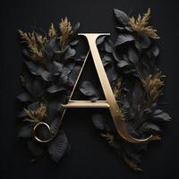 lettera un' nel bellissimo lusso floreale d'oro alleggerimento design su un' nero parete sfondo. generativo ai, ai generativo foto