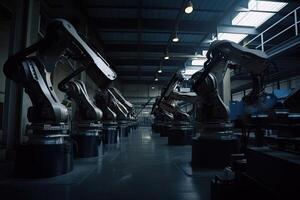 produzione linea di il fabbrica per il produzione di robot e automatizzato macchinari, meccanico robotica braccia Lavorando nel fabbrica, ai generato foto