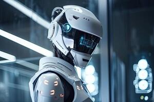 3d interpretazione robot o cyborg con artificiale intelligenza nel moderno fabbrica, futuristico ai robot meccanico ingegnere Lavorando, ai generato foto