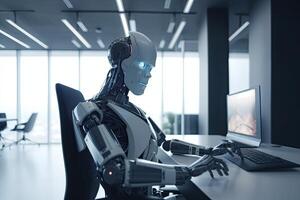 3d interpretazione umanoide robot Lavorando con computer nel moderno ufficio. artificiale intelligenza concetto, futuristico ai robot Amministratore delegato seduta a il suo ufficio sedia, ai generato foto