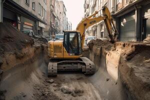 scavatrice Lavorando su il costruzione di un' nuovo strada nel il città, un scavatrice scavando un' in profondità fossa su un urbano strada, ai generato foto