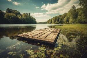 di legno molo su un' lago nel il foresta. estate paesaggio. bellissimo lago Visualizza su un' brillante estate giorno, ai generato foto