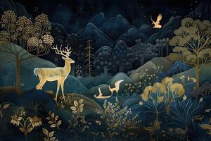 illustrazione di un' foresta con renna nel il notte. buio blu murale sfondo a partire dal il contemporaneo era, ai generato foto