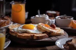 prima colazione con fritte uovo, caffè e arancia succo su di legno tavolo, delizioso prima colazione piatti su il tavolo con bevanda, ai generato foto