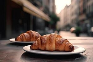 appena al forno Cornetti su un' tavolo nel un' bar. delizioso francese Cornetti con caffè su un' di legno tavolo, ai generato foto