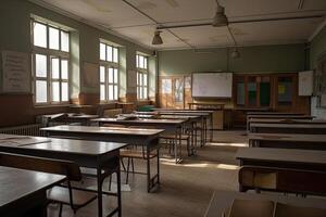 aula nel il vecchio scuola di il città di Odessa, Ucraina, decorato interno di un vuoto scuola classe, ai generato foto