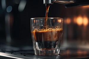 caffè espresso scrosciante in bicchiere a partire dal caffè espresso macchina su sfocato sfondo, avvicinamento, caffè espresso versato a partire dal un' caffè macchina in un' bicchiere tazza, ai generato foto