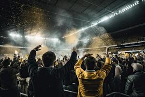 posteriore Visualizza di un' calcio fan nel il sta di il stadio, fan festeggiare e applauso dentro un' stadio, ai generato foto