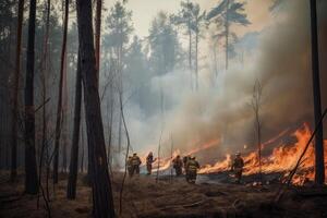 i vigili del fuoco combattente un' foresta fuoco con Fumo e fiamme nel il sfondo, foresta fuoco con alberi su fuoco i vigili del fuoco provando per fermare il fuoco, ai generato foto