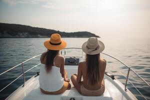 indietro Visualizza di Due giovane donne nel costumi da bagno e cappelli seduta su il indietro di il barca e guardare a il mare, amici chilling su un' yacht nel il oceano pieno posteriore Visualizza, ai generato foto