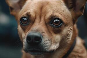 vicino su ritratto di un' carino Marrone chihuahua cane, divertente cane disgustato viso vicino su, ai generato foto