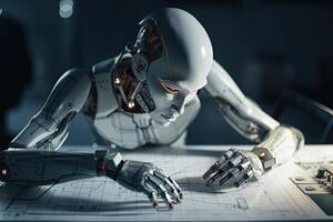 3d interpretazione umanoide robot Lavorando su planimetria a notte tempo nel ufficio, futuristico ai robot ingegnere Lavorando con planimetria, ai generato foto