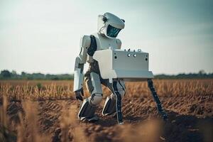 robot a piedi su un' campo di Grano. futuro tecnologia concetto. futuristico ai robot contadino Lavorando nel il terreno agricolo, ai generato foto