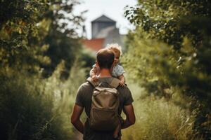 padre e figlio siamo a piedi nel il parco. un' uomo con un' bambino nel il suo braccia. un' uomo con un' bambino viaggi con un' zaino.pieno posteriore Visualizza di un' padre trasporto il suo bambino su collina foto