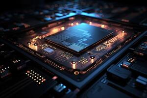 vicino su Visualizza di moderno elettronico circuito tavola. 3d rendering, futuristico microchip superficie avvicinamento con raggiante luce, ai generato foto