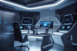 3d interpretazione di un' controllo camera nel un' navicella spaziale con neon luci, futuristico ufficio camera con ufficio scrivania e computer, ai generato foto