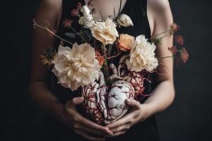 bellissimo mazzo di fiori nel il mani di un' ragazza nel un' nero vestire, mani Tenere cuore con fiori amore, ai generato foto