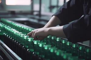 vicino su di femmina mano Tenere bottiglia di birra su trasportatore cintura, uomo Lavorando su fabbrica, ai generato foto