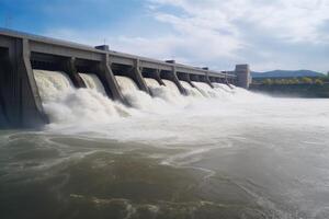 idroelettrico energia stazione su il fiume dniester nel Ucraina, massiccio idroelettrico diga producendo elettrico energia, ai generato foto