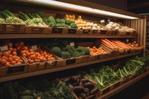 frutta e verdure su scaffali nel supermercato. drogheria negozio. drogheria e verdura scaffali nel il supermercato, ai generato foto