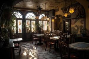 interno di un vecchio ristorante nel tbilisi, Georgia. dentro un' meravigliosamente decorato bar ristorante, ai generato foto