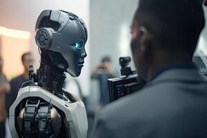 posteriore Visualizza di un' maschio cyborg guardare a il telecamera. uomo posteriore Visualizza avvicinamento e un' futuristico ai robot, ai generato foto