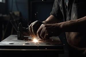 lavoratore utilizzando macinino per tagliare metallo con scintille. scintille mentre macinazione ferro da stiro, uomo lavoratore mani vicino su Visualizza con un' saldatura, ai generato foto