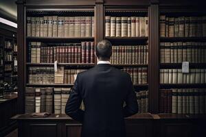 posteriore Visualizza di un' uomo d'affari in piedi nel davanti di un' scaffale nel un' biblioteca, maschio avvocato pieno posteriore Visualizza nel davanti di un' Basso libro biblioteca, ai generato foto