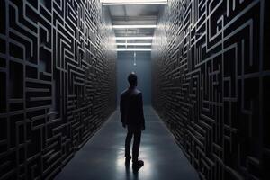 posteriore Visualizza di uomo d'affari guardare a un' labirinto nel un' buio corridoio, uomo nel il labirinto è guardare per un' modo fuori, ai generato foto
