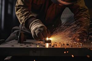 industriale lavoratore taglio metallo con angolo macinino nel fabbrica, avvicinamento, uomo lavoratore mani vicino su Visualizza con un' saldatura, ai generato foto