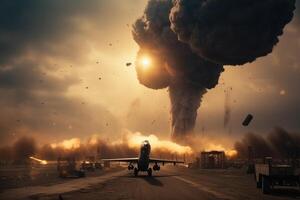 aereo nel il Fumo su un' sfondo di un esplosione. 3d rendering, militare bombardieri siamo rilasciando bombe su il zona di guerra, ai generato foto