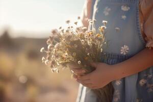 poco ragazza Tenere mazzo di fiori selvatici su sfocato sfondo, avvicinamento, Sezione centrale di un' carino poco ragazza senza viso Tenere fiori, ai generato foto