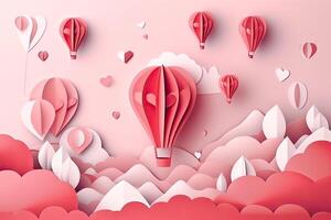 carta arte di volante caldo aria palloncini con cuore forma nel il cielo. carta tagliare stile San Valentino giorno con cuore Palloncino, ai generato foto