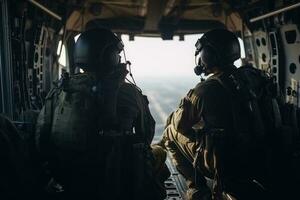 unito stati aria vigore speciale forze soldati nel elicottero cabina di pilotaggio durante operazione. parà commando militare soldati siamo in attesa nel il aereo, ai generato foto