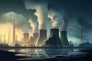 raffreddamento torri di nucleare energia pianta nel il sera illustrazione, realistico nucleare energia impianti producendo elettricità, ai generato foto