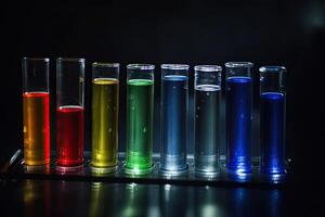 laboratorio cristalleria contenente colorato liquido su nero sfondo, scienza ricerca, e sviluppo concetto. scienza laboratorio test tubi pieno con colorato tubi, ai generato foto