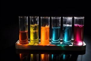 laboratorio cristalleria con colorato liquido su nero sfondo. scienza laboratorio ricerca e sviluppo concetto. scienza laboratorio test tubi pieno con colorato tubi, ai generato foto