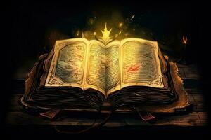 Aperto libro con Magia leggero e fuoco su il pagine. Halloween concetto, splendente santo libro antico libro striscione, ai generato foto