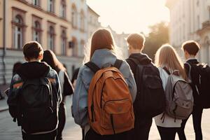 indietro Visualizza di un' gruppo di studenti a piedi su il strada. backpackers con zaini, scuola studenti pieno posteriore Visualizza con scuola zaino, ai generato foto