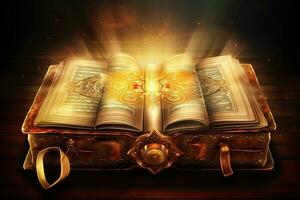 Aperto libro con leggero raggi In arrivo a partire dal il superiore, 3d illustrazione, splendente santo libro antico libro striscione, ai generato foto