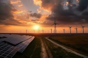 solare pannelli, vento turbine e fotovoltaico cellule a tramonto, solare pannelli e vento turbine campo con un' Bellissima, ai generato foto